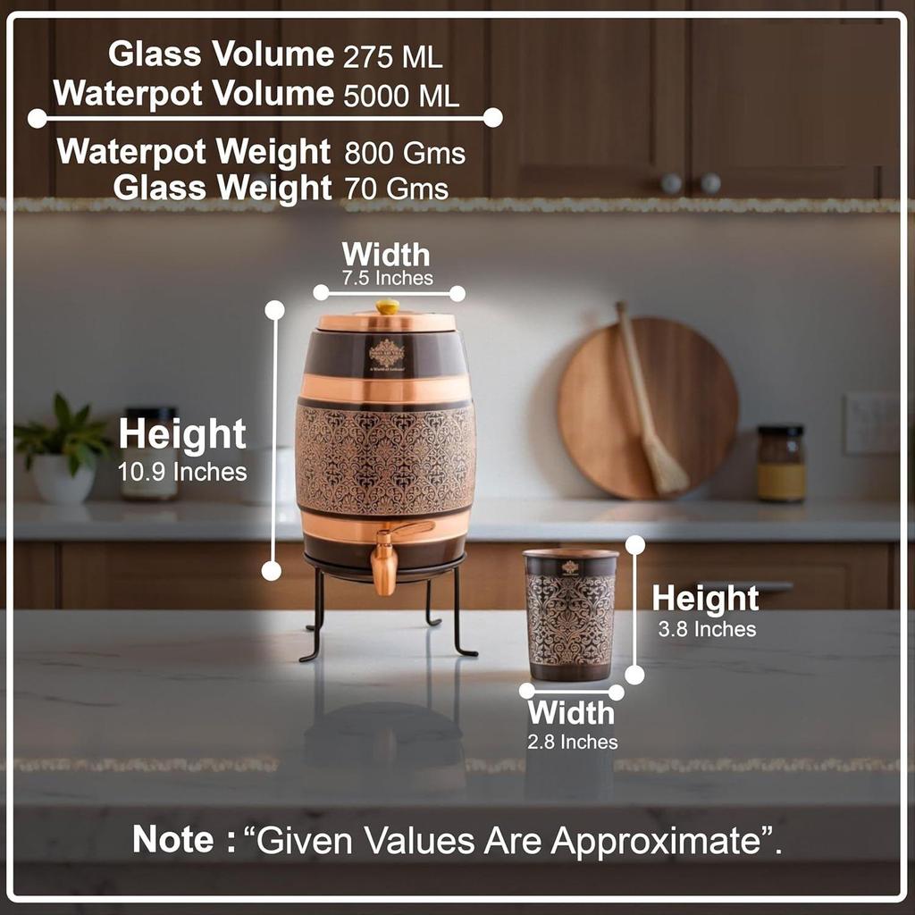Copper Water Carafes with Embossed & Black Printed Design – 5 Liter Water Carafes with Stand, Tap & Glass (275 ML), Ayurvedic Drinkware for Home