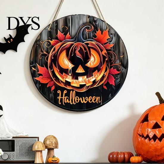 Autumn Atmosphere Hanging Ornament Halloween Wooden Door Hanger Sign, Flame Pumpkin Maple Leaf Printed Round Plaque, Hemp Rope Decor Waterproof