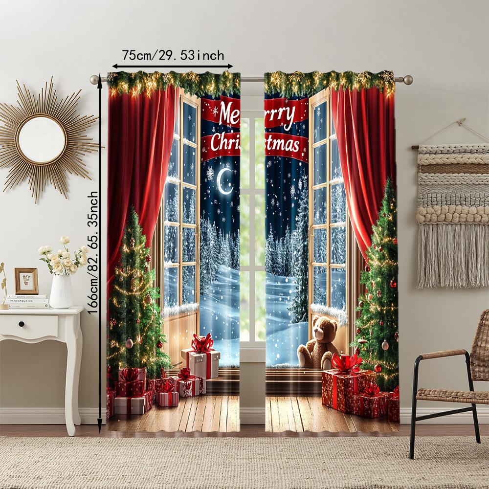 2Pcs Christmas Tree Printed Window Curtains Rod Pocket Design Machine Washable Window Drapes For Living Room And Bedroom Home