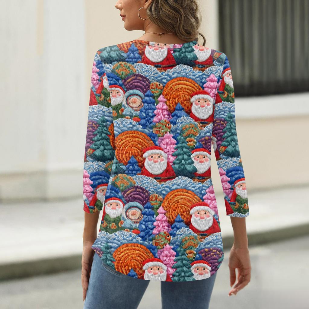 Women's Fashionable Casual Three Quarter Sleeve Christmas Printed Round Neck Top