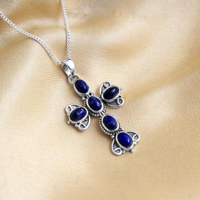 Ciondolo a croce in lapislazzuli con catena in argento sterling 925 puro