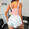 Women's 2 Piece Ribbed Pajama Set Sleeveless Lace Crop Cami Top And Tie Waist Shorts Set Summer Lounge Sleepwear Set