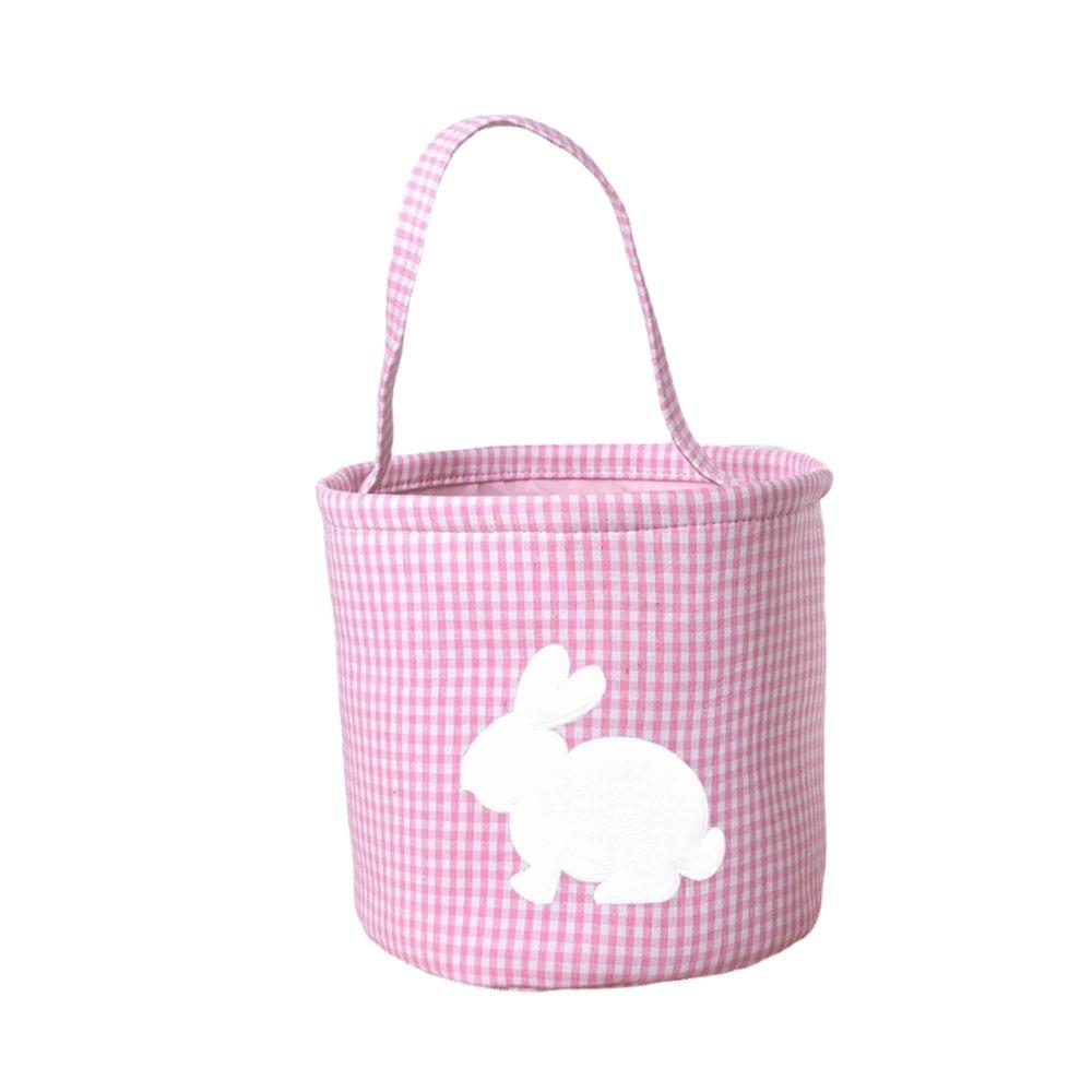 Reusable Embroidery Easter Rabbit Basket Cloth Plaid Easter Egg Hunt Basket Tote Style Decorative Storage Bag School Event