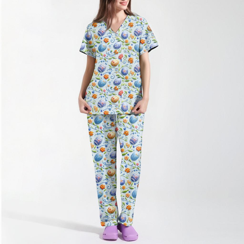 Women's Printed Uniform Work Uniform V-Neck Pocket Protective Work Uniform