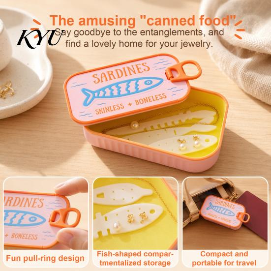 Organized Clavicle Chain Case Sardine Tin Jewelry Box with Fishbone, PLA Vintage Compact Size Decorative Vanity Accessory Organizer, Portable Storage
