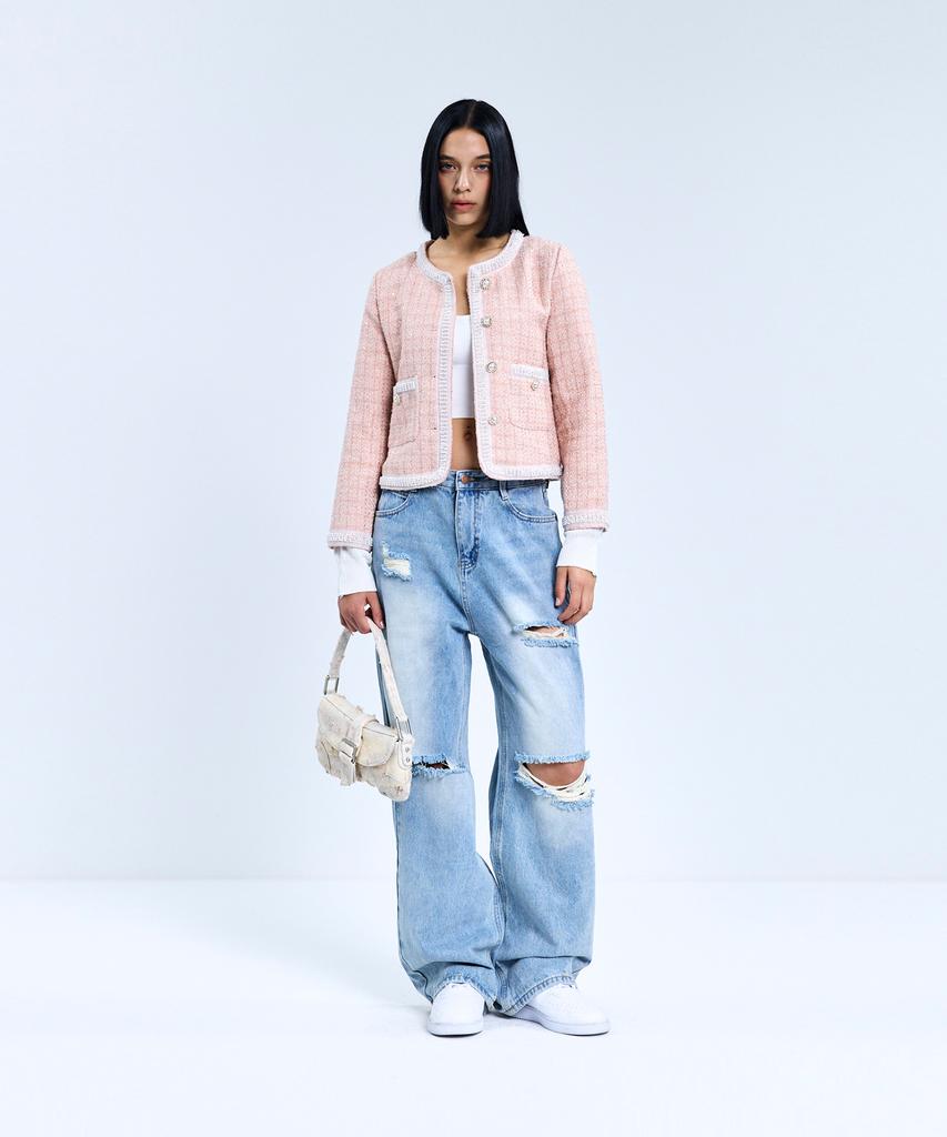Vivabrown 85-Vivaj050 Line Point Crop Tweed Jacket Pink