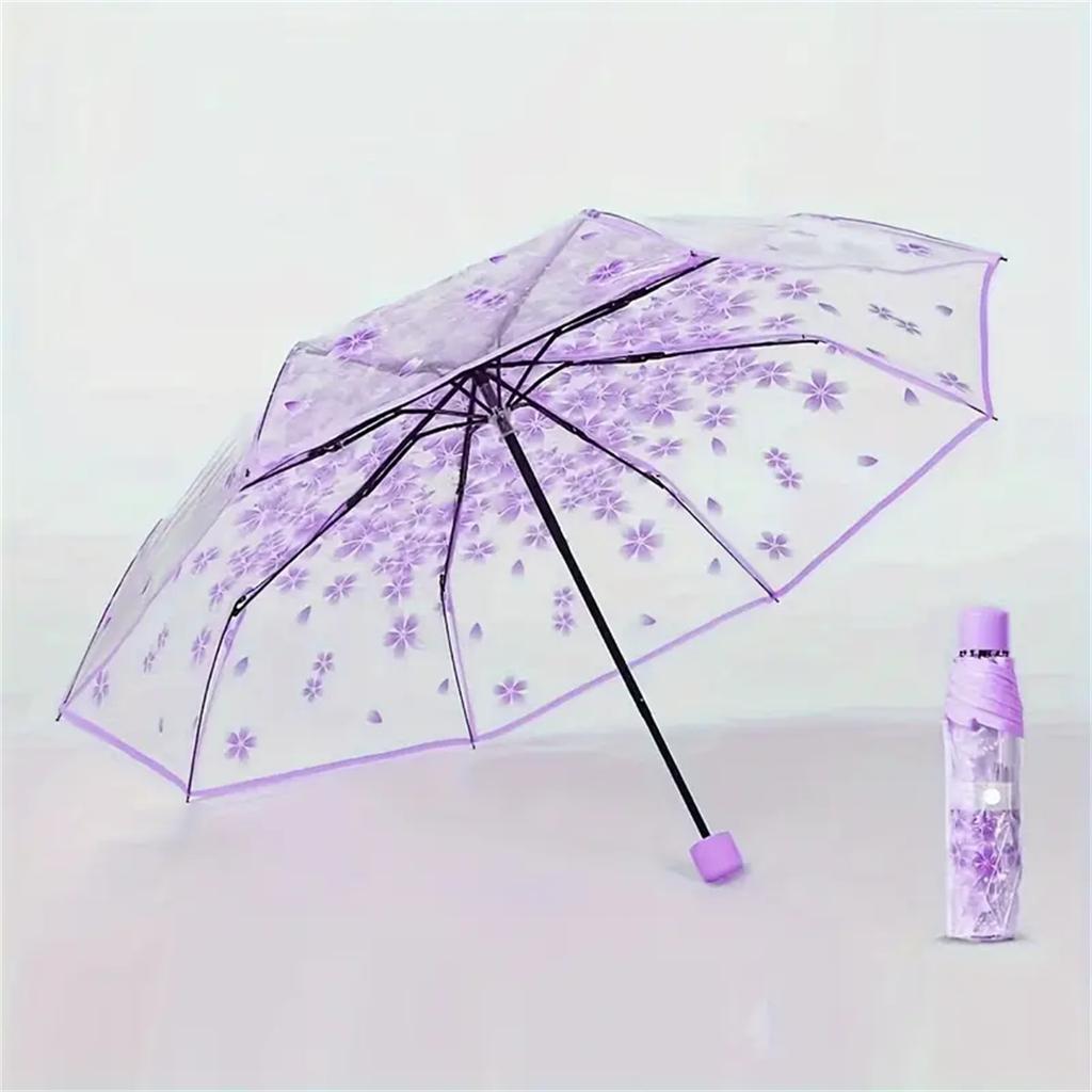 Korean Umbrella Folding Cute Korean Mini Fresh Simple Sen Series Trifold Cherry Blossom Transparent Japanese Umbrella