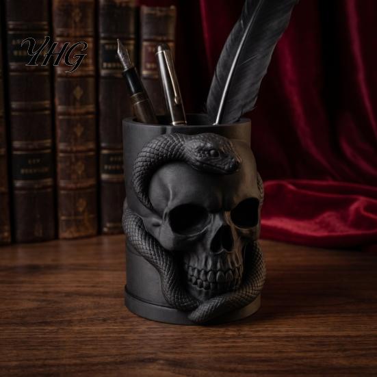 3D Printed Ornament Skull & Snake Pen Holder, Gothic Pencil Collectible Figurine Desk Organizer for Makeup Brush Stationery Storage, Halloween