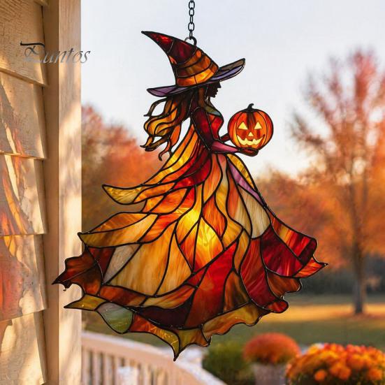 Decorative Chain Hanging Witch Acrylic Suncatcher, Stained Glass Effect Window Car Ornament, Gothic Scary Art with Pumpkin Lantern Sun Catcher