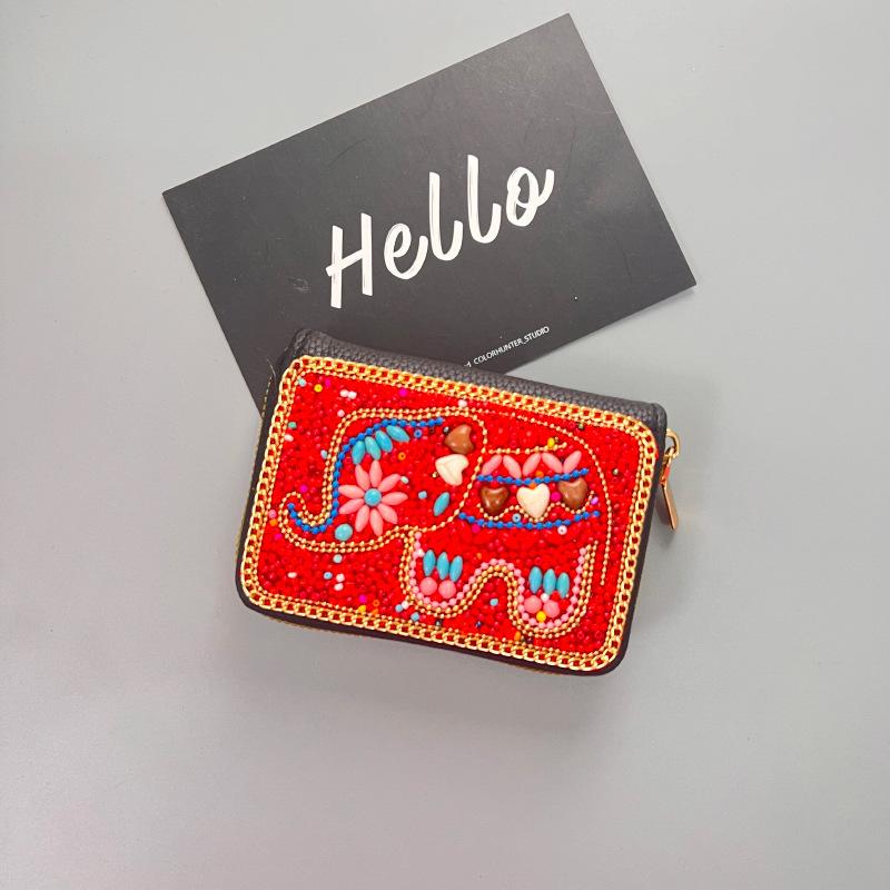 Ethnic Style Card Holder - Multi-layer Premium Hand-feel Vintage Delicate Beaded Zipper Pocket