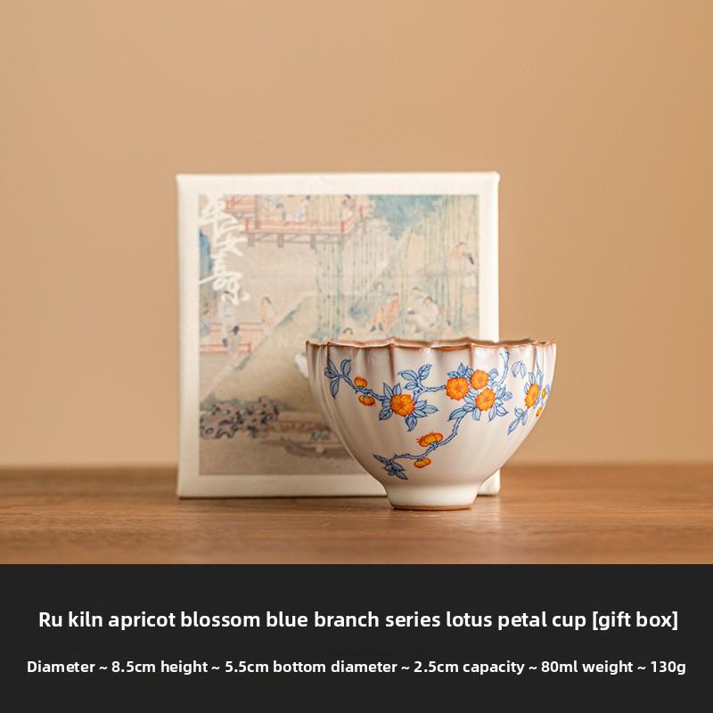 Ru Kiln Lotus Petal Master Cup with Blue Apricot Blossom Design for Gongfu Tea Ceremony Home Office Personal Use Gift Boxed 80ml