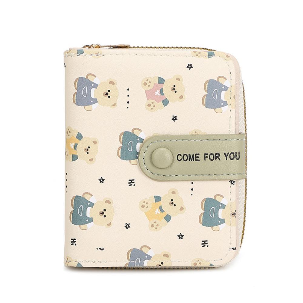 Cute PU Leather Short Wallet Bear Short Coin Purse Zipper Storage Bag Women Girls зелёный
