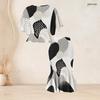 Women Plus Size Two Piece Set Round Neck Batwing Sleeve Black White Printed Ruffle Hem Top Fishtail Skirt