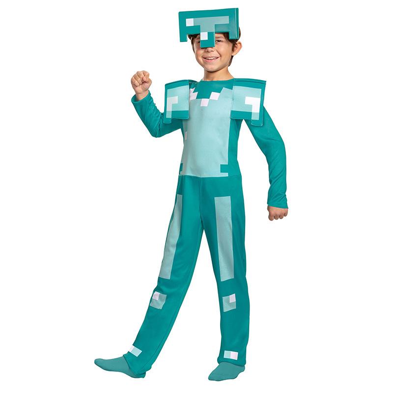 Halloweenský modro-zelený kostým Minecraft Steve pro děti, jevištní herní vystoupení