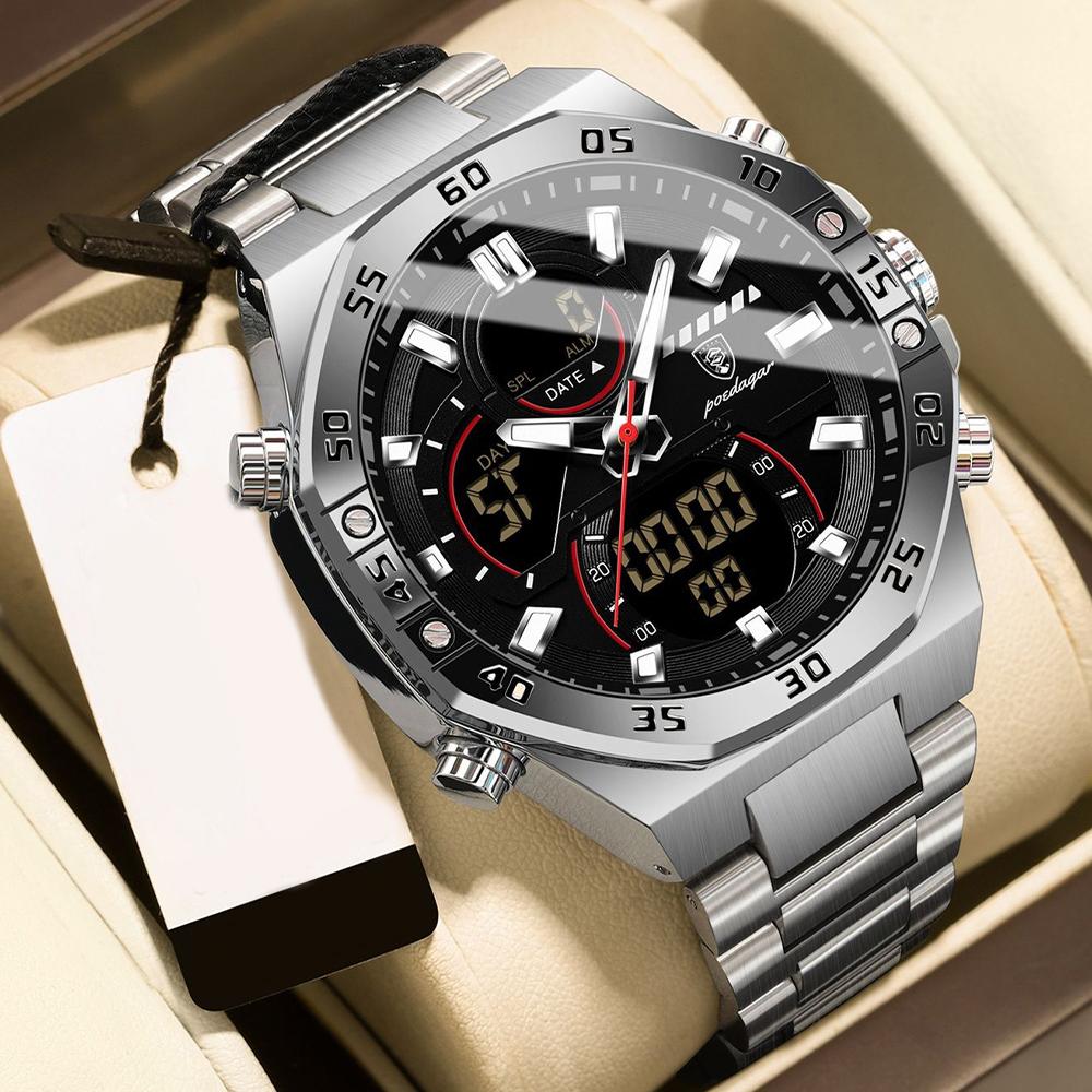 

Мужские цифровые аналоговые часы - водонепроницаемый светодиодный ночник, модные наручные часы для отдыха на открытом воздухе для повседневного и активного отдыха серебряный