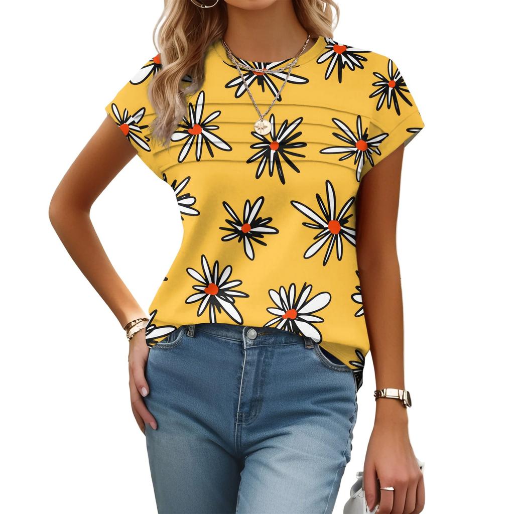 Damenmode Lässig Kurzarm Basic Textur Floral Rundhals T-Shirt Kappenärmel Top