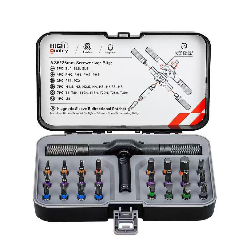 32-in-1 Ratchet Screwdriver Set: 25-Piece Portable S2 Steel Bits Multi-Functional Household Kit 32-in-1