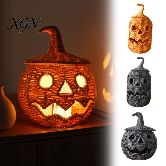 Handmade Fall Decor Handwoven Halloween Pumpkin Basket, Spooky Candy Storage Basket with Lid, Vintage Wicker LED Lantern for Light Up Candle