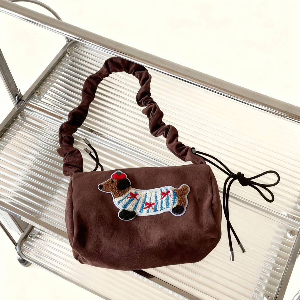 Cute Dachshund Cartoon Suede Shoulder Handbag - 2025 Niche Women's Underarm Square Bag