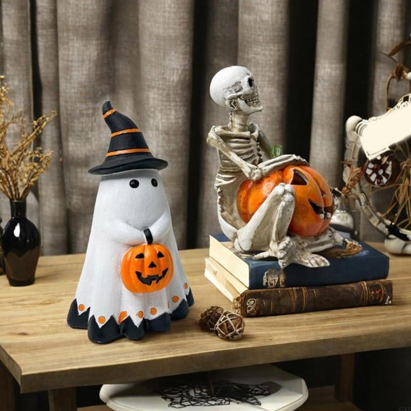 62KD Durability Resin Craft Horror Pumpkin Ghostly Statues for Halloween Enthusiasts