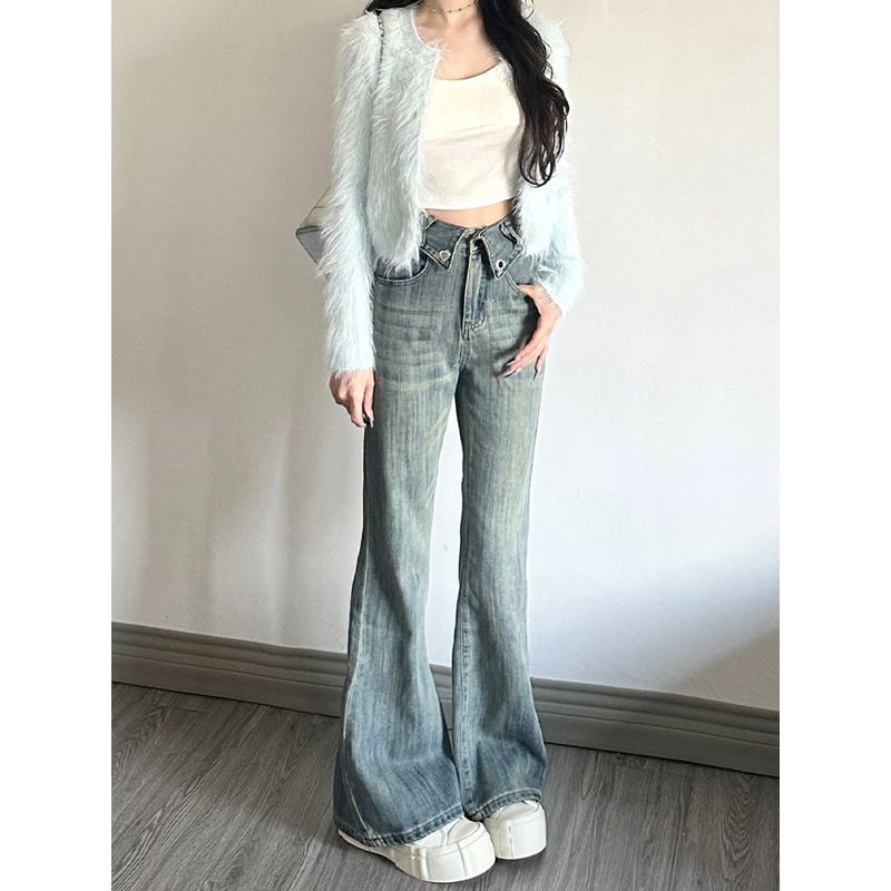 

Niche Design Retro High Waist Slightly Flared Jeans Women s Summer Slimming Easiest for Match Washed Small Horseshoe Pants Blue pants 156-165 XL