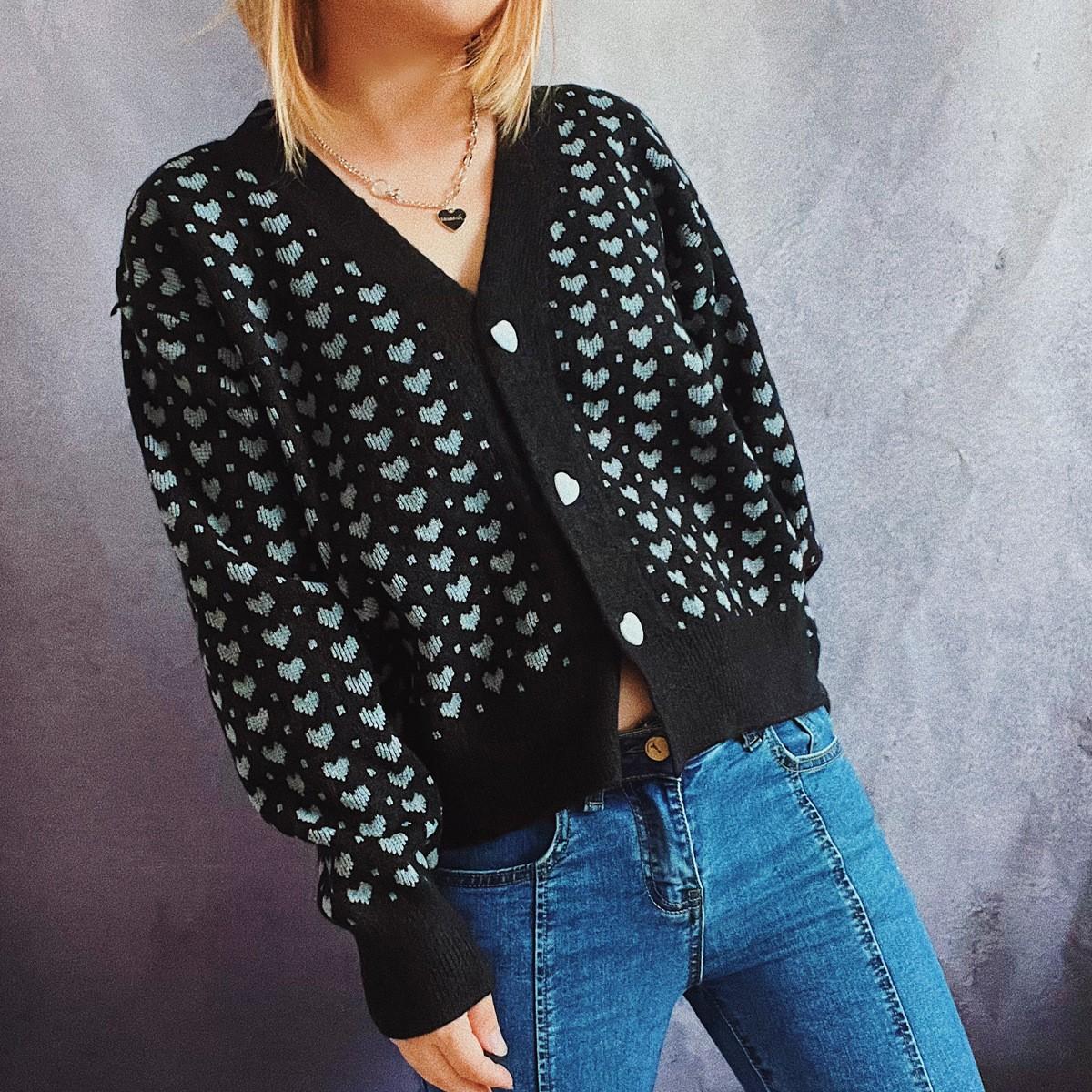 

Модный женский и зимний трикотажный пуловер с V-образным вырезом и принтом, с длинным рукавом, повседневный свитер M чёрный