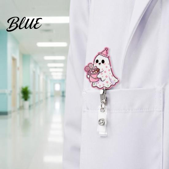 Clear Acrylic Retractable Badge Reel Halloween Ghost Reel Glitter Holder Clip Cute Pink Starlight ID Name for Women Nurse Teacher Medical