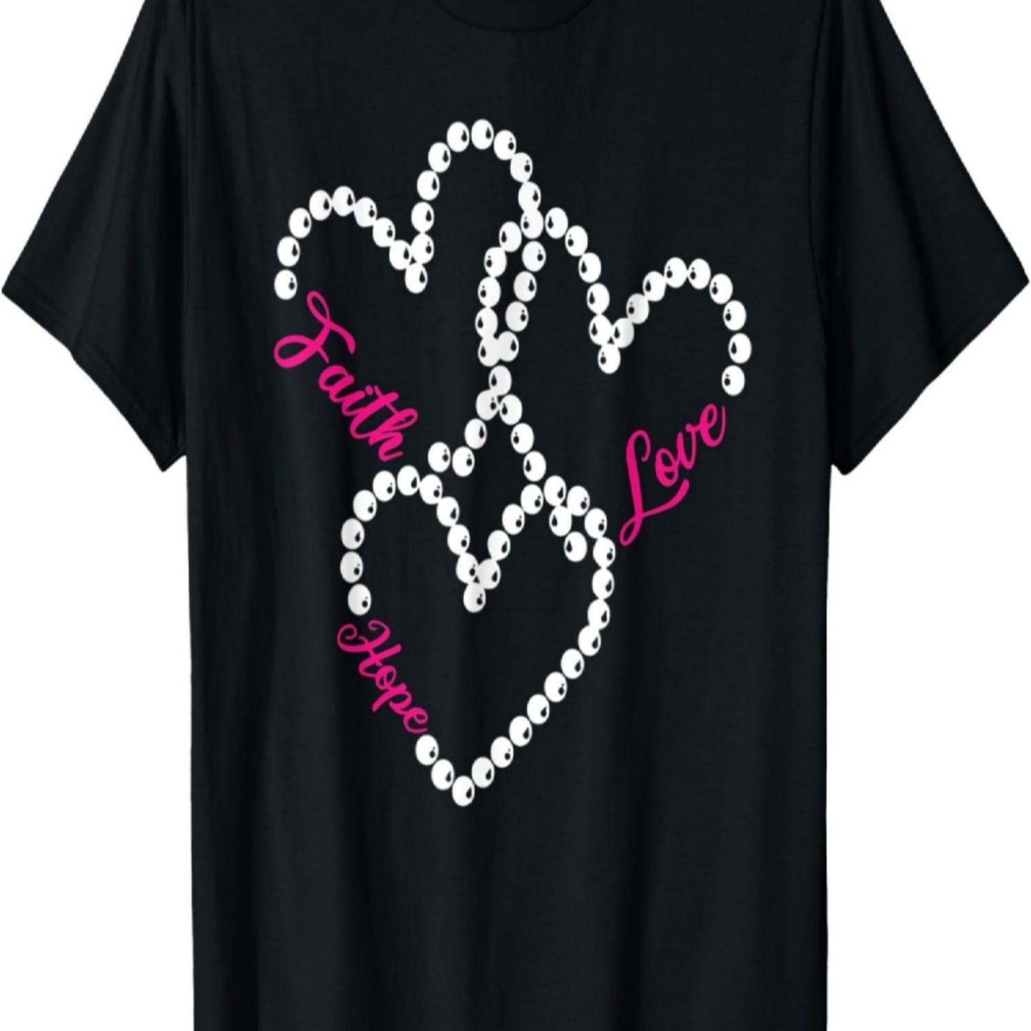 Three Hearts Faith Hope Love Breast Cancer Awareness T-Shirt S
