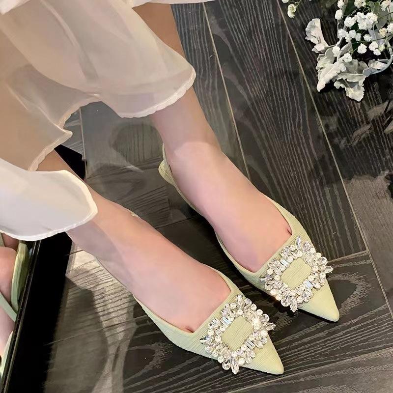 

2025 лето новая сумка голова сандалии женские стразы острый носок тонкий каблук модные повседневные универсальные туфли на высоком каблуке 40 зелёный