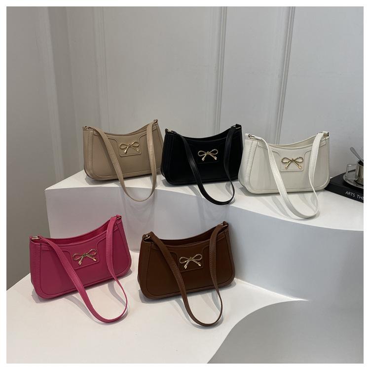 Fashion Bow Knot Faux Leather Armpit Bag Elegant Metal Decorated Shoulder Handbag for Women