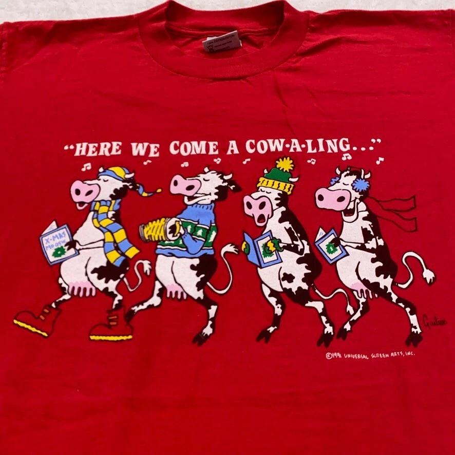 

vintage 90s HERE WE COME A COW-A-LING CHRISTMAS CARTOON T-Shirt LARGE cow carol S