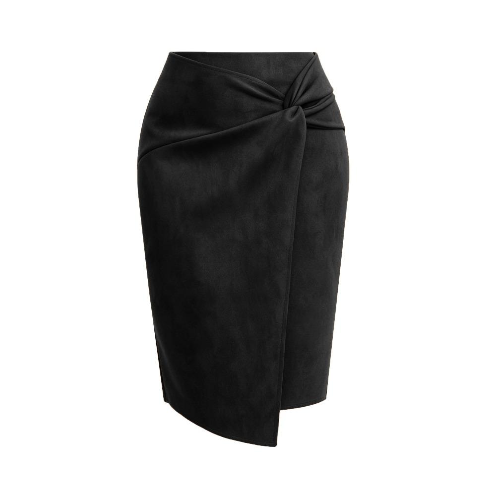 Women's Solid Color Irregular Suede Zipper Skirt High Waisted Buckle Wrapped Hip Twisted Elastic Knot Short Skirt Middle Skirt