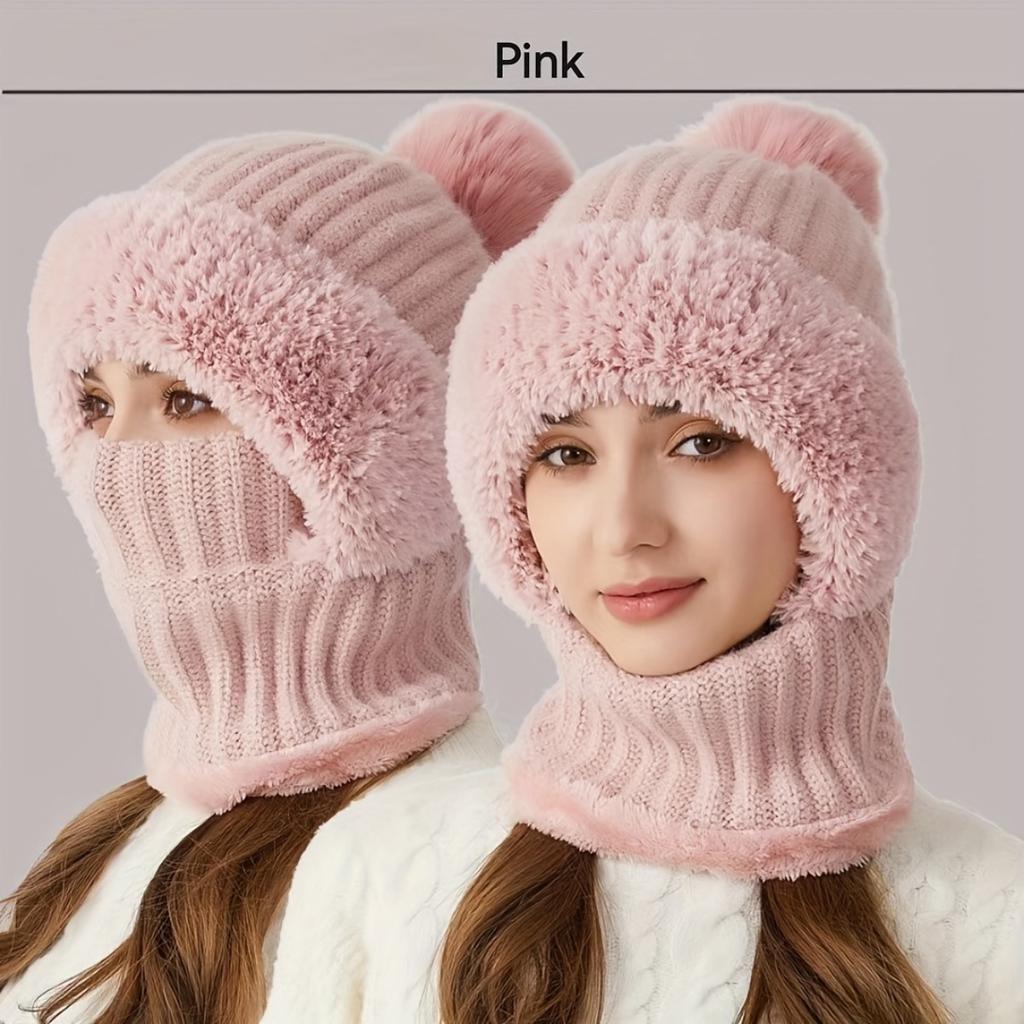 Women's Winter Hat Face Mask and Plush Earrings - Soft and Warm Full Face and Head Cover- Soft Fleece Lining Women's Winter Hat