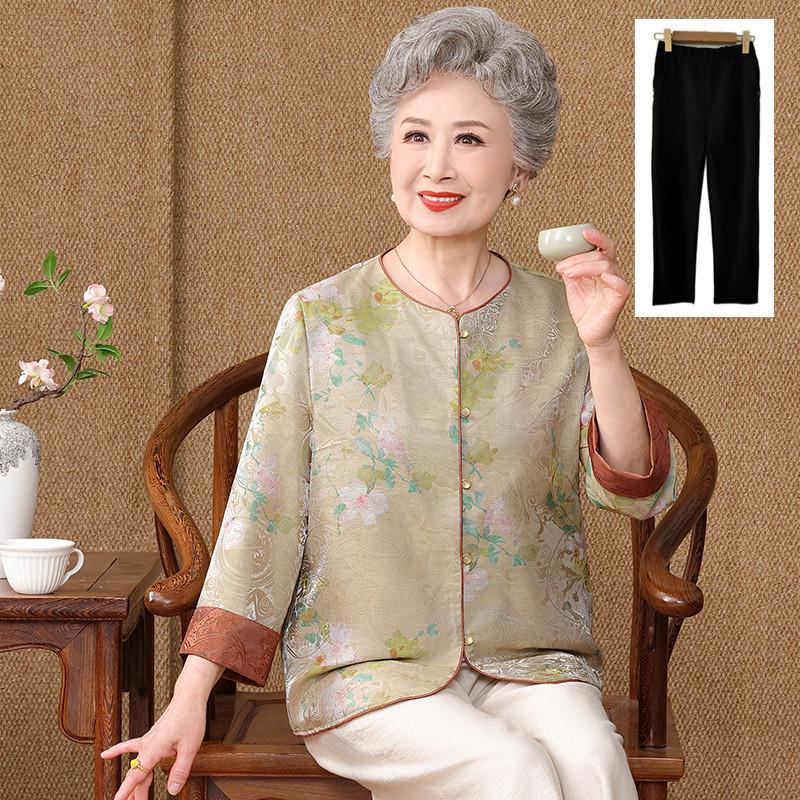 Grandma's New Style Jacket: Elegant Chinese National Design, Suitable for Middle-Aged and Elderly Women - Round Neck, Loose Fit, Elegant Temperament.