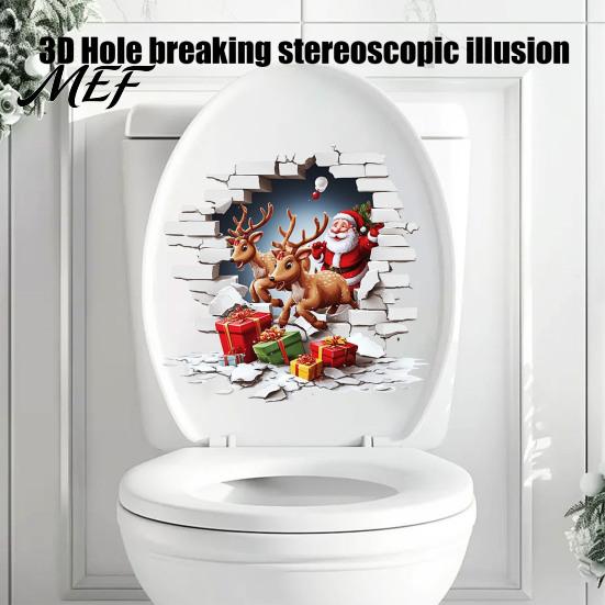 Decorative Bathroom Stickers Santa Claus Toilet Sticker, Elk And Gift Box Print, 3D Festive PVC Wall Decals Christmas Decal, Removable Waterproof