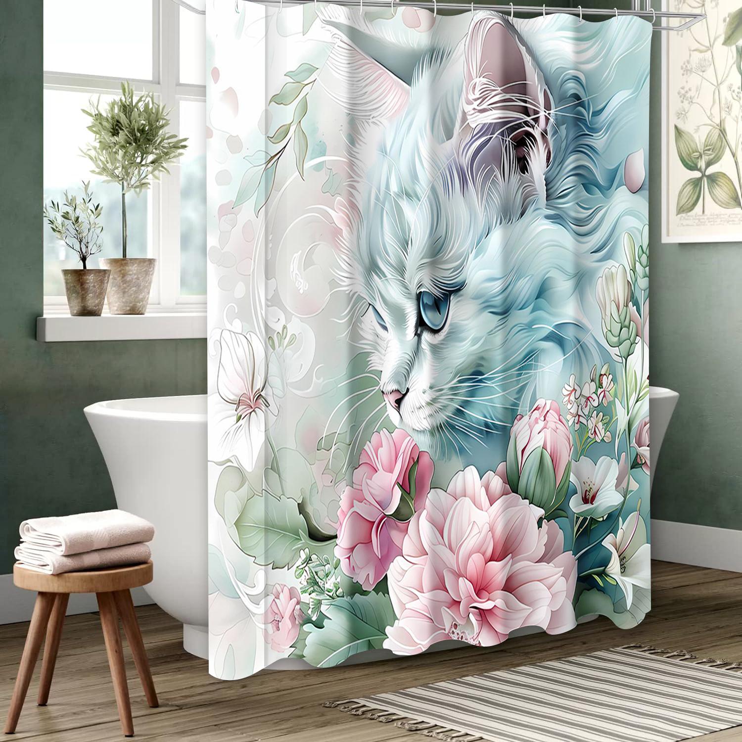 Baifenbai Home Furnishing Blue Cat And Floral Bathing Curtain Bathroom Letters Shower Curtain Waterproof With 12 Hooks Fishes Home Deco Free Ship