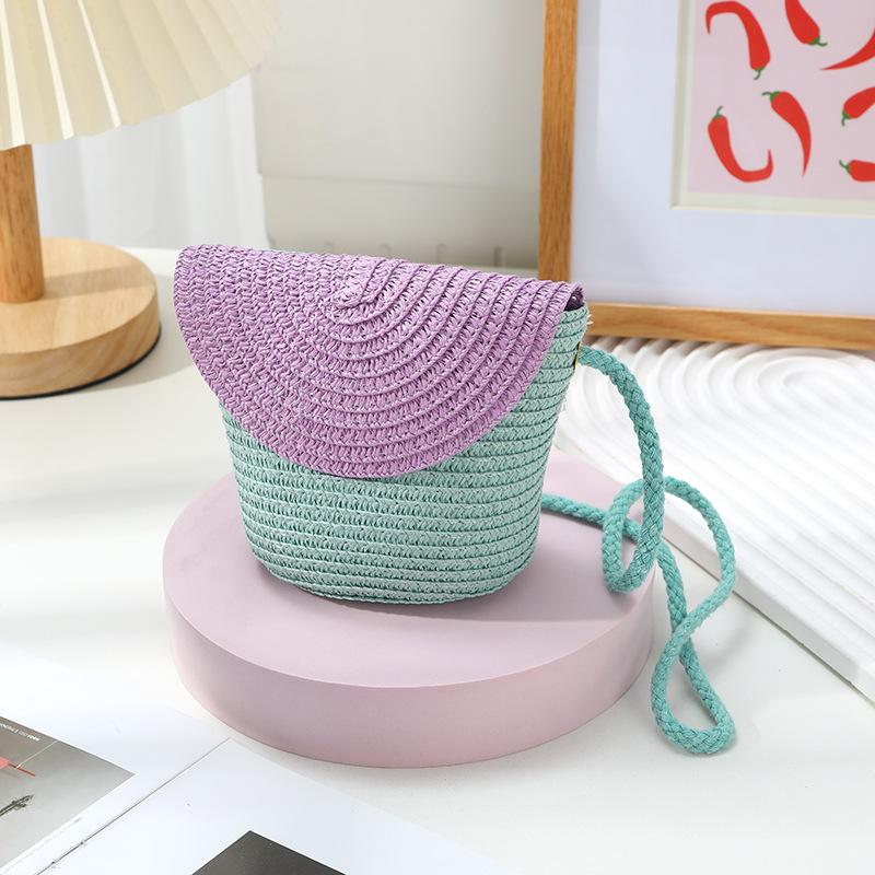 Cute Grass Woven Children's Handbag Handmade Rattan Little Girl Crossbody Fashi Cute Wallet Summer Beach Shoulder Bags