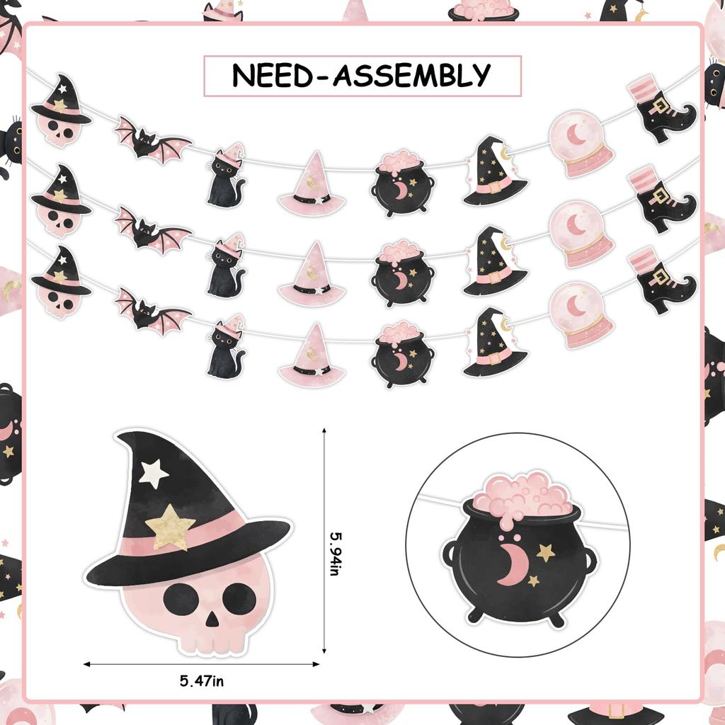 3pcs Pink‑Black Witch Garlands Halloween Birthday Decor for Girls, Skull Bat Black Cat Crystal Ball Wall Table Backdrop Supplies