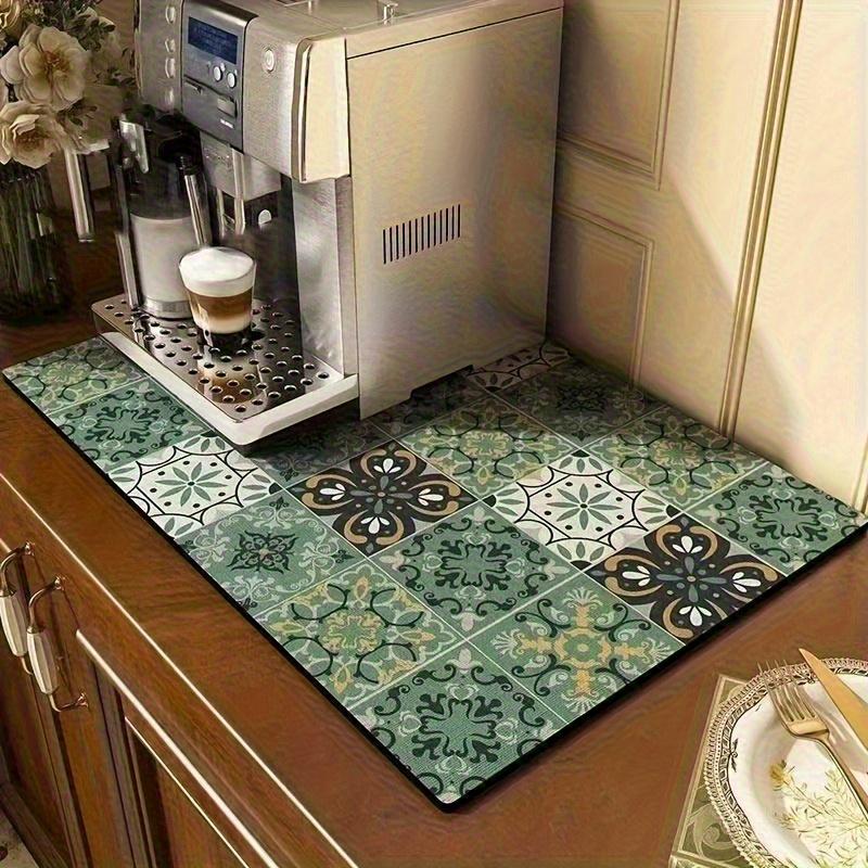 [Coffee Pattern Countertop Mat] Diatom Mud Coffee Machine Mat | Anti-Slip Dish Drying Drainage | Easy Clean Washable | Kitchen Coffee Bar Worktop