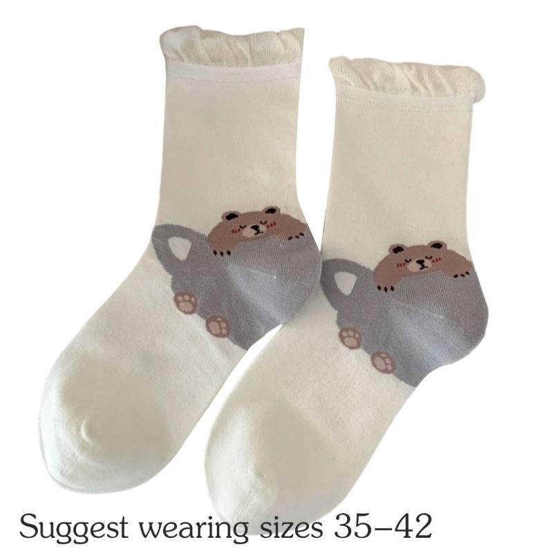 Fashionable Middle Calf Socks with Cartoon Animal Designs in Soft Cotton Bubble Cuffs Crew Socks Hosiery for Women Teens