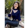 MOKANA Women's Hollow-Out V-Neck Long Sleeve Knit Sweater