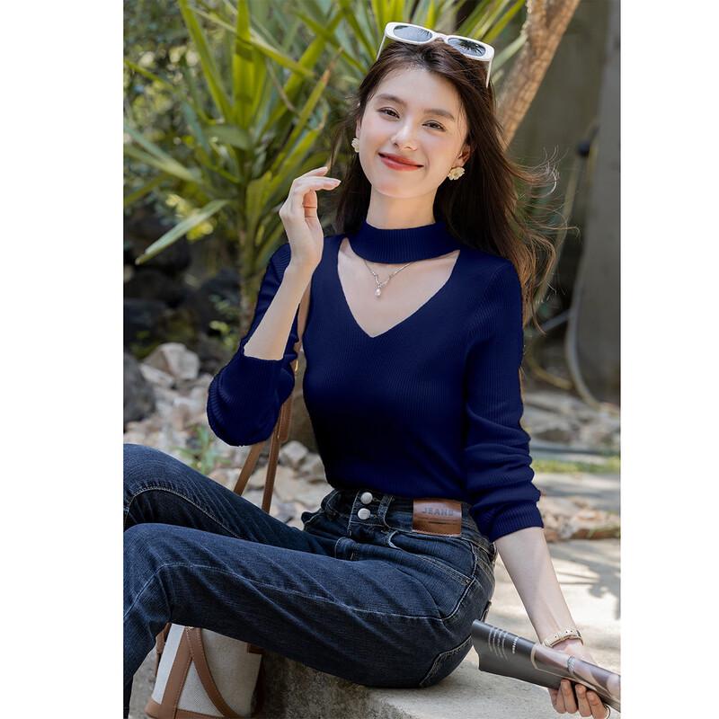 MOKANA Women's Hollow-Out V-Neck Long Sleeve Knit Sweater