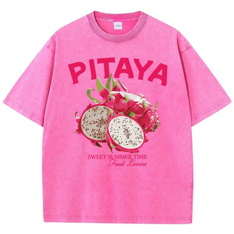 Vintage Woman Washed TShirts Fresh Pitaya Printing Tees Crewneck Distressed Cotton Oversize Short Sleeve Fashion Female Clothes