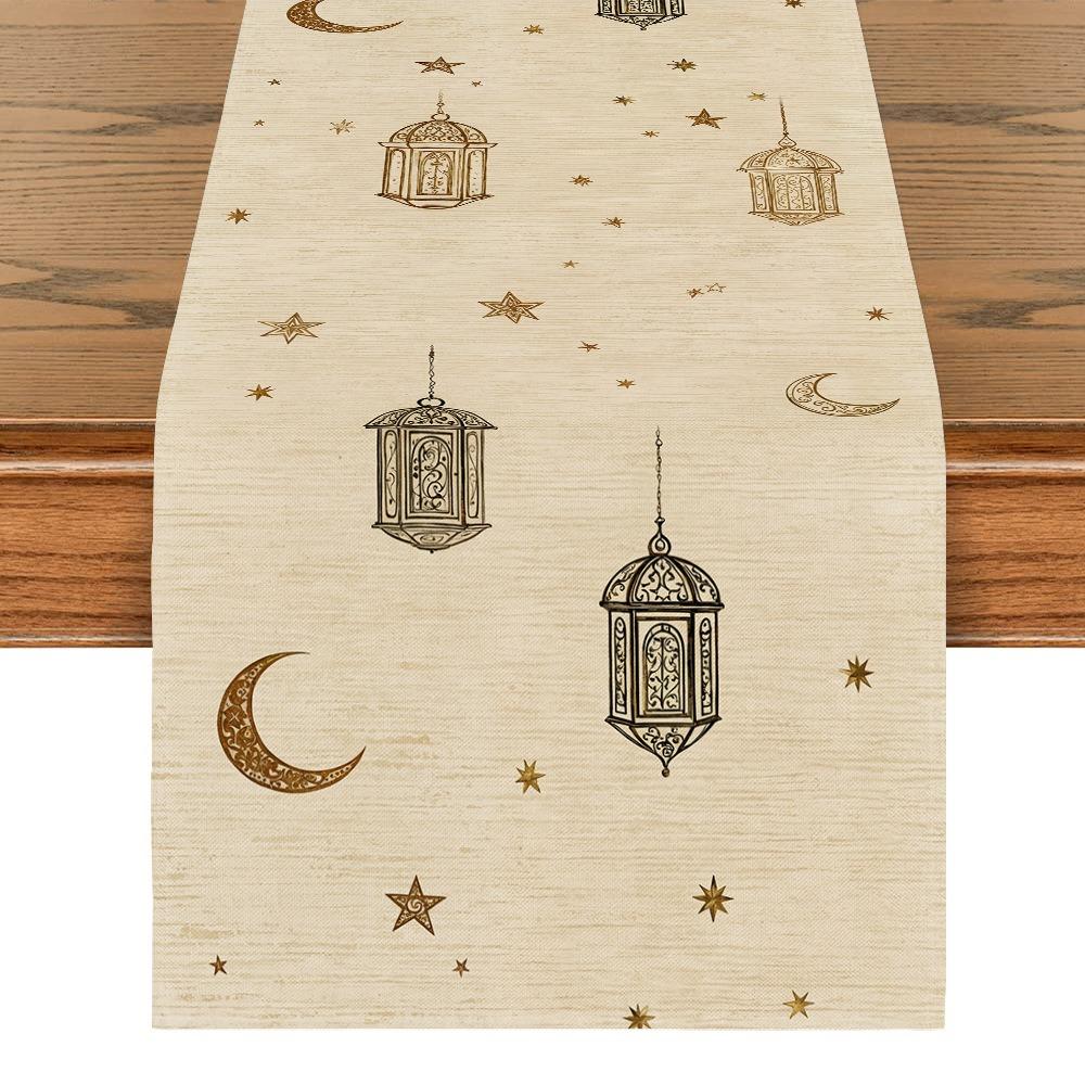 

Vintage Moon Star Table Runner Washable Eid Mubarak Table Runner Dinner Table Cloth Kitchen Style 8