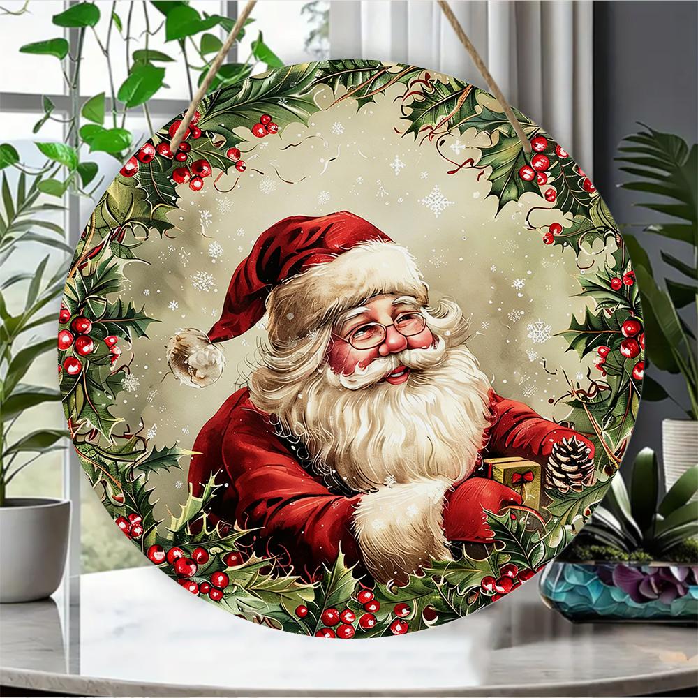 Vintage Santa Claus Pattern Natural Wood Sign Round Wooden Hanging Plaque Indoor Outdoor Door Decor Christmas Festive Home Wall Ornaments