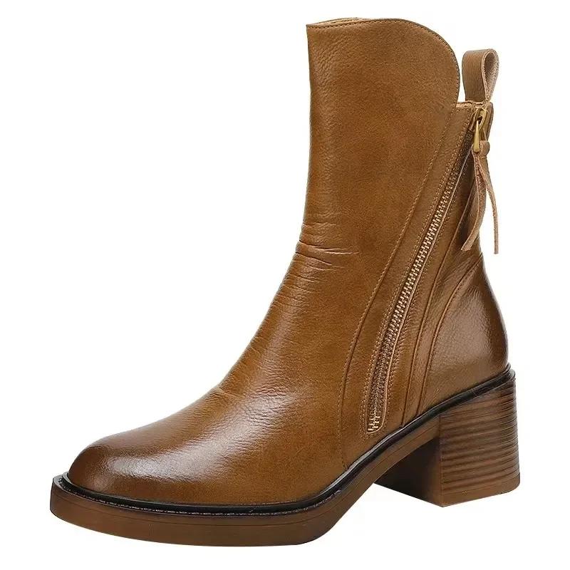 Fashion 2024 New Versatile Style Retro Ankle Boots High Heels Women Fashion Boot Rubber Leather Autumn Winter New Women's Shoes 34