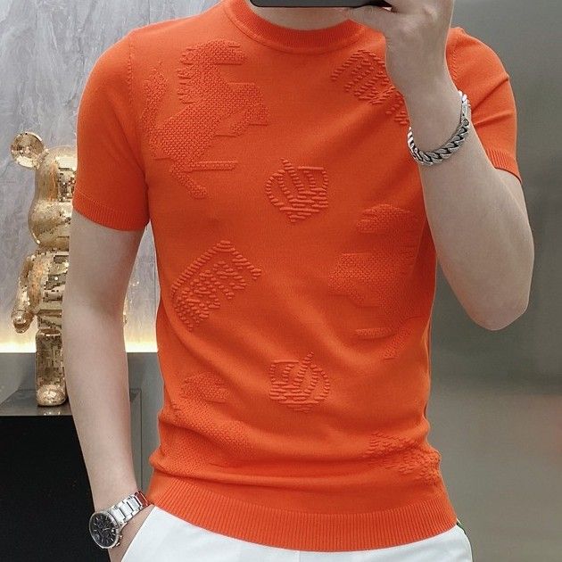 

2024 Новый корейский стиль, мода, лето, круглый вырез, мужской однотонный жаккардовый минималистичный трендовый облегающий крой, короткий рукав, футболка, топы M оранжевый