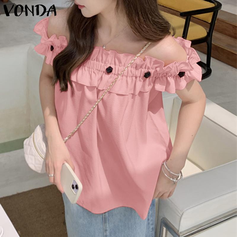 VONDA Женские летние блузки с коротким рукавом и оборками на открытых плечах 5XL синий — фото 4