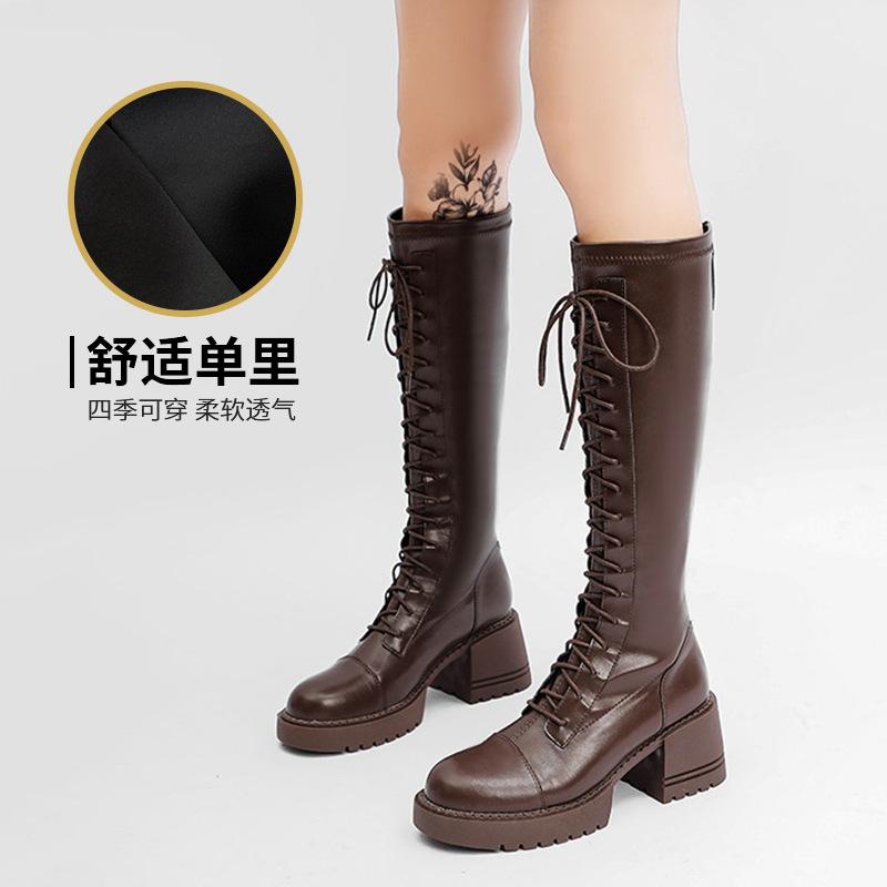 2024 Autumn and Winter New Long Martin Boots Women's Lace-up High Knight Boots Women's Round Head Thick Heel Thick-soled Long Boots Women