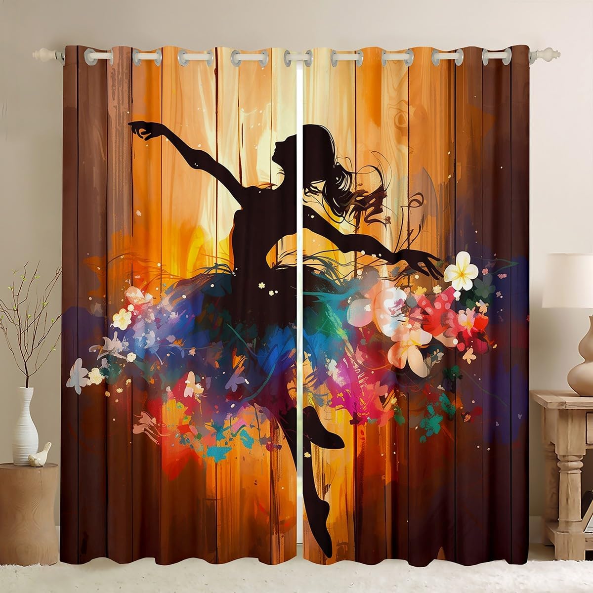 

Розовая балетная занавеска для девочек, детей, подростков, оконная занавеска для спальни, черная декоративная занавеска для дома с цветочным узором для девочек, 2 панели 100W130H(CM)40x51in&Grommet Top